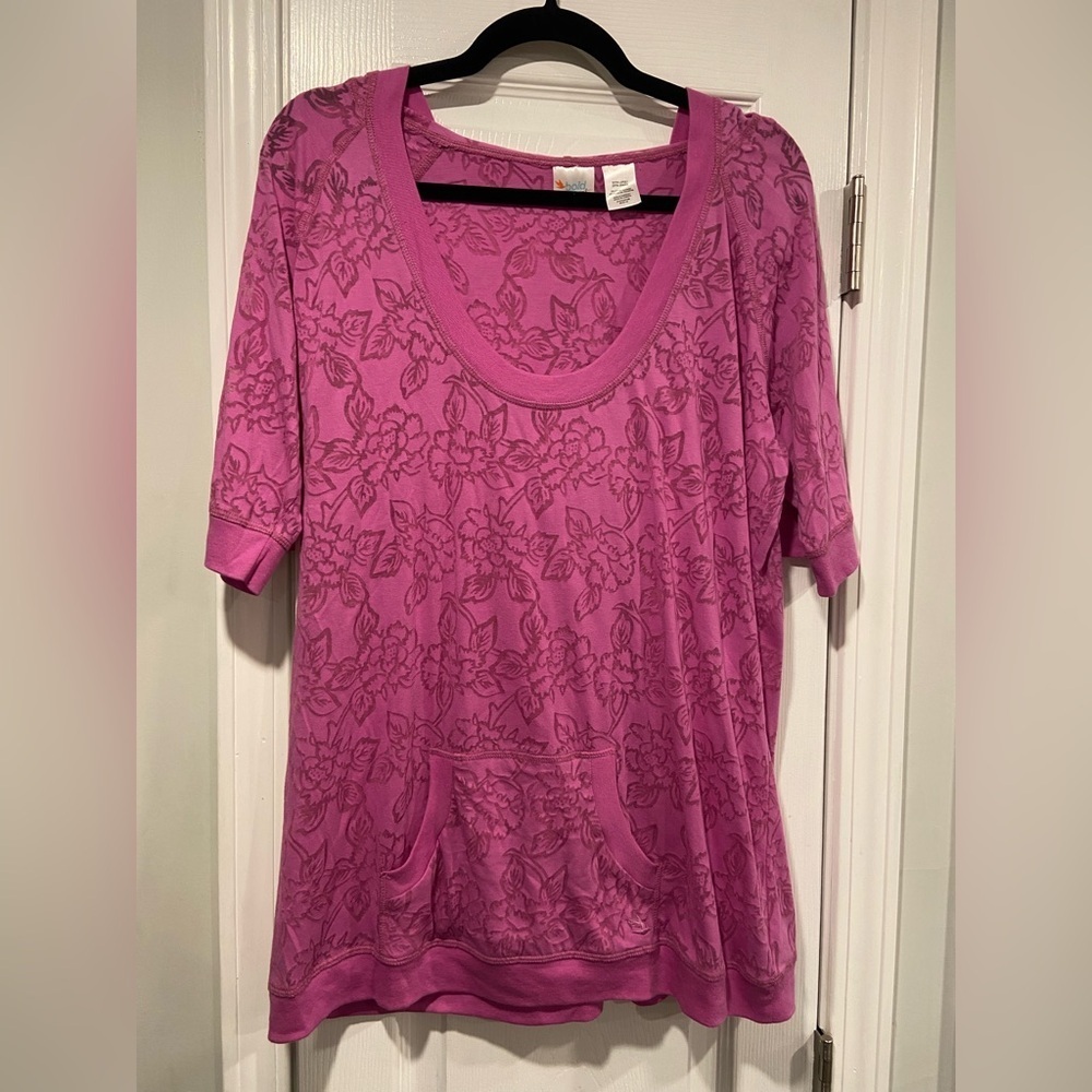 Bold Spirit Size XL Pink Semi Sheer Rose Floral Short Sleeve Pullover Hoodie Top